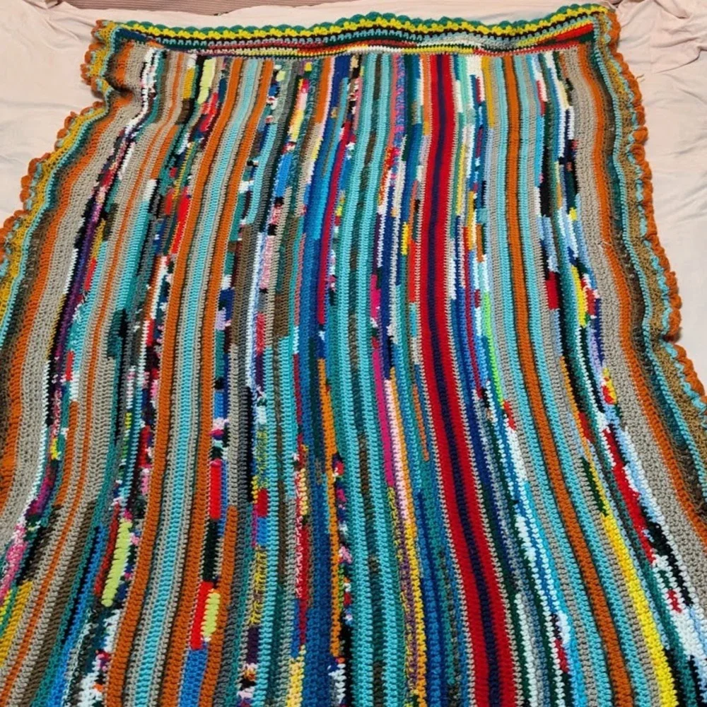 Handmade Crochet Scrap Yarn Blanket Multi Color Boho Striped Throw Scallop Edge